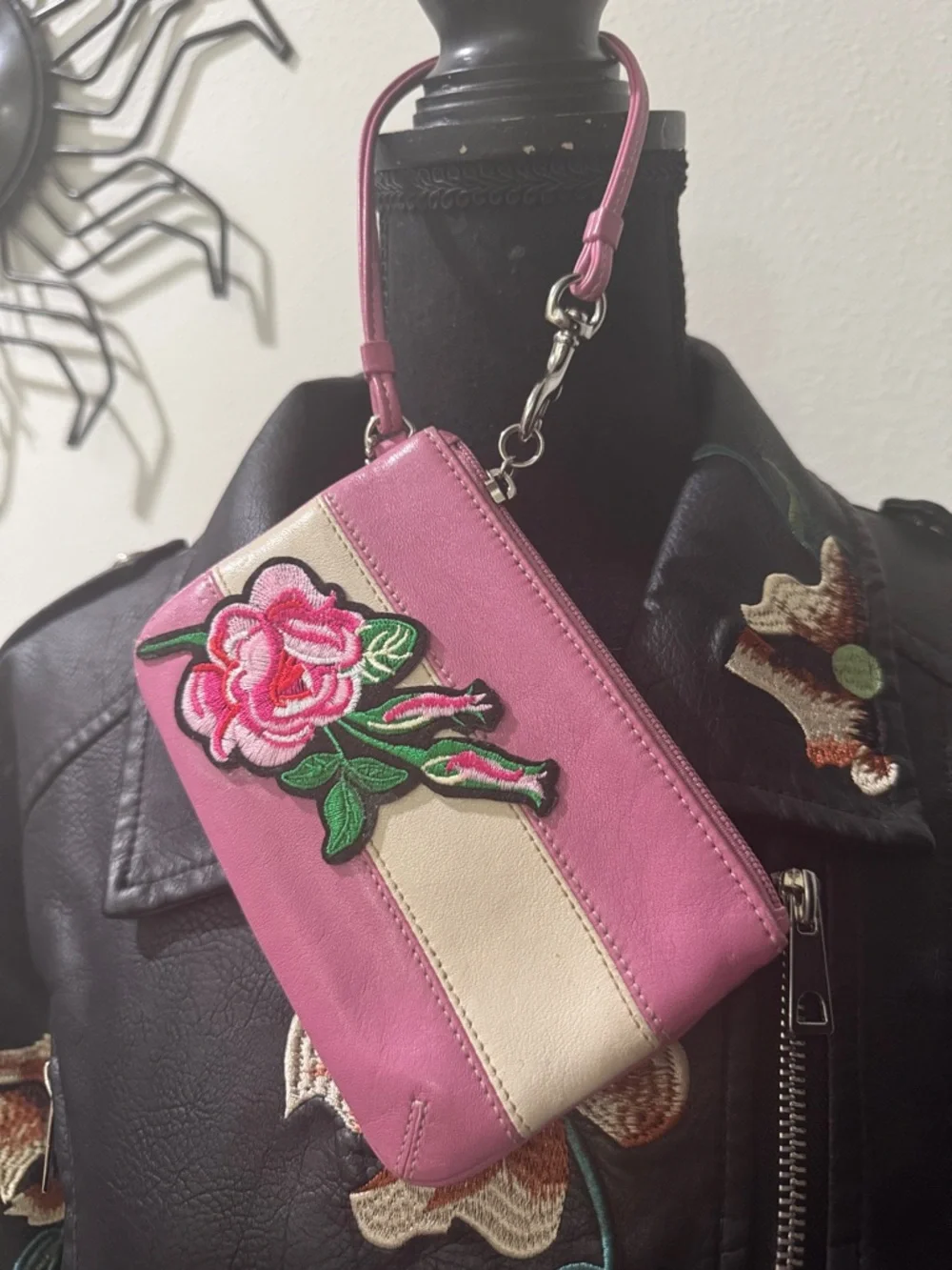 Rare Coach Pink Rose Appliqué Wristlet with Cream Stripe